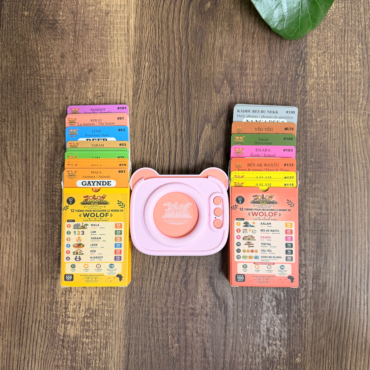 Lecteur audio JOLOF Kids rose entre les deux boîtes de cartes des 12 thèmes